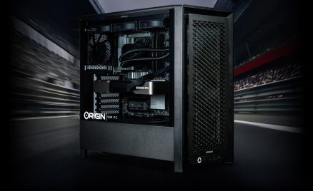 ORIGIN PC Racing Sim PC with NVIDIA GeForce RTX graphics card on race track background