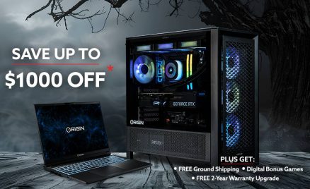 ORIGIN PC October promo featuring a custom gaming desktop with RGB lighting and a gaming laptop. Save up to $1000 with free shipping, digital bonus games, and a free 2-year warranty upgrade.