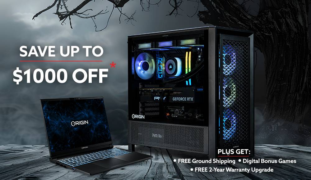 ORIGIN PC October promo featuring a custom gaming desktop with RGB lighting and a gaming laptop. Save up to $1000 with free shipping, digital bonus games, and a free 2-year warranty upgrade.