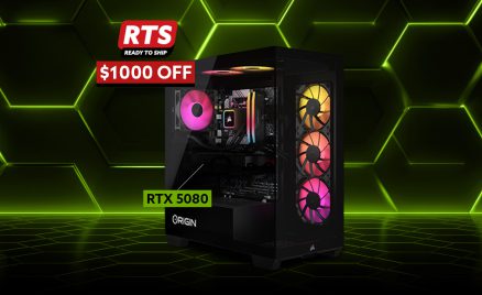 ORIGIN PC NEURON 3500X gaming desktop with RGB lighting, featuring an NVIDIA GeForce RTX 5080, shown with a $1000 off Ready To Ship promotion on a neon green hexagon background.