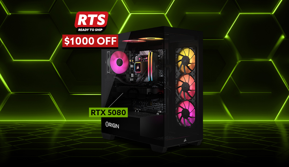 ORIGIN PC NEURON 3500X gaming desktop with RGB lighting, featuring an NVIDIA GeForce RTX 5080, shown with a $1000 off Ready To Ship promotion on a neon green hexagon background.