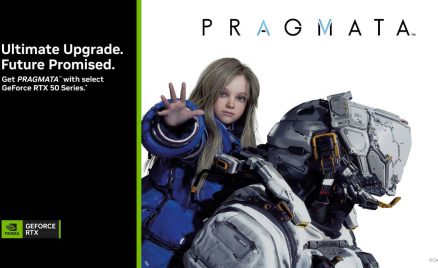 PRAGMATA promotional image featuring a young girl reaching forward beside a futuristic astronaut, with NVIDIA GeForce RTX branding and text reading “Ultimate Upgrade. Future Promised.”