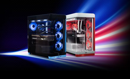 Meet NEURON Colorways 1 ORIGIN PC NEURON gaming desktops in black and white with blue and red accents, shown against a dynamic red, white, and blue light streak background.