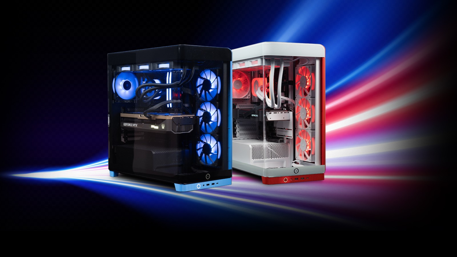 ORIGIN PC NEURON gaming desktops in black and white with blue and red accents, shown against a dynamic red, white, and blue light streak background.