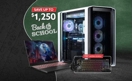 ORIGIN PC Back to School sale featuring a custom gaming desktop, gaming laptop, and free CORSAIR gaming bundle with savings up to $1,250.