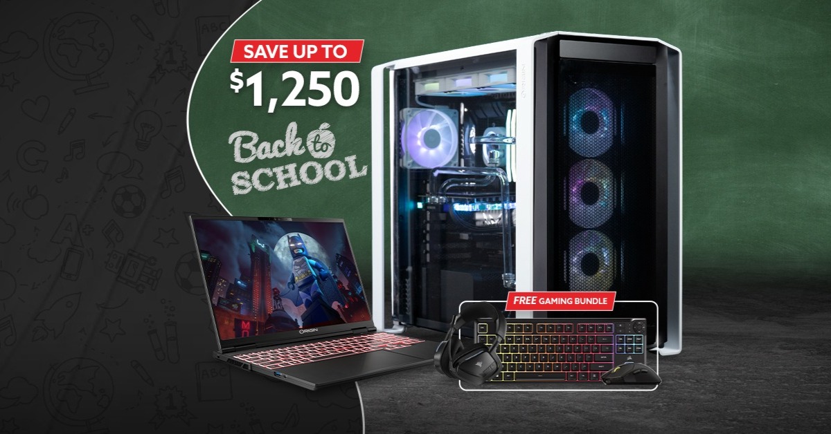 ORIGIN PC Back to School sale featuring a custom gaming desktop, gaming laptop, and free CORSAIR gaming bundle with savings up to $1,250.